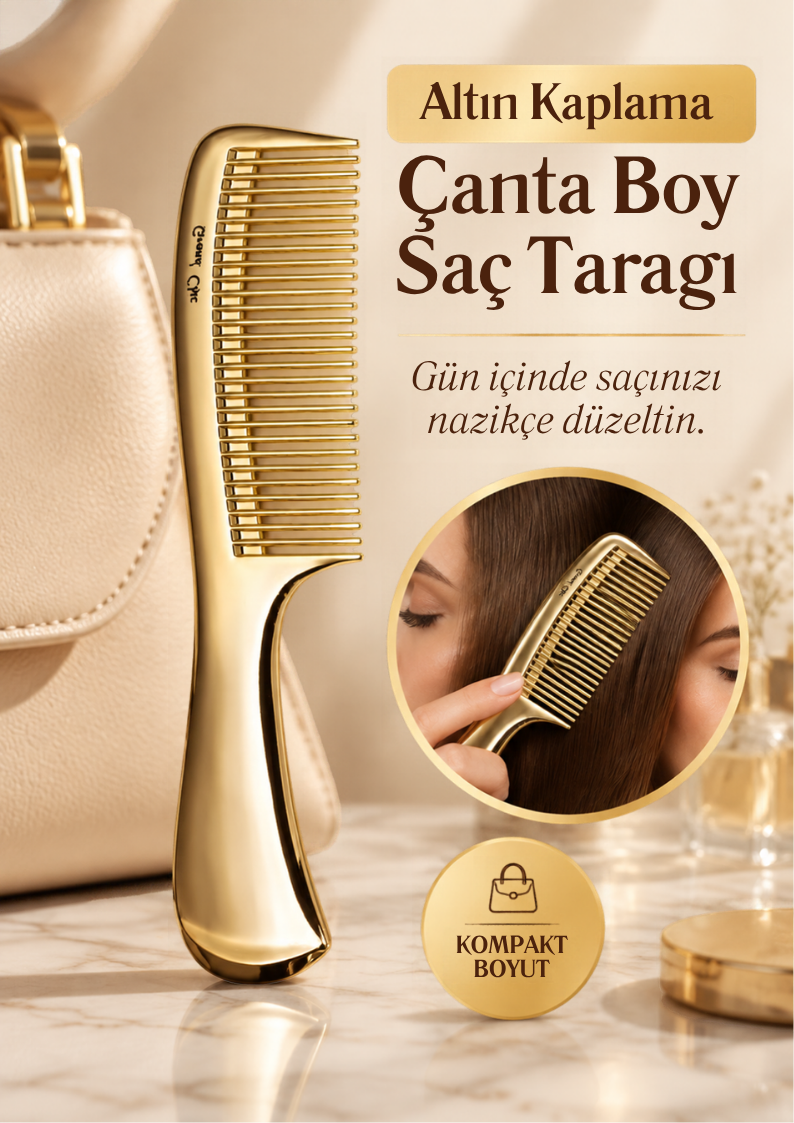 Grand Chic altın kaplama saplı saç tarağının çanta yanında ve saç tararken kullanımını gösteren tanıtım görseli.