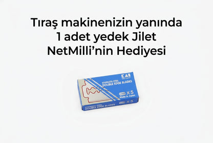 Tıraş makinesi yanında NetMilli hediyesi olarak sunulan 1 kutu KAI yedek jilet.