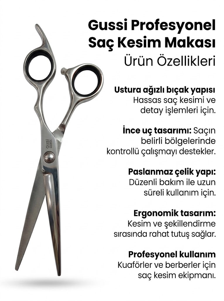 Gussi GS07-60S Profesyonel Ustura Ağızlı Berber ve Kuaför Saç Kesim Makası açıklamalı metin