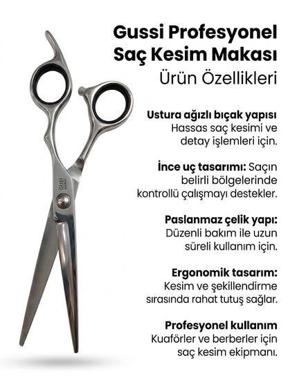 Gussi GS07-60S Profesyonel Ustura Ağızlı Berber ve Kuaför Saç Kesim Makası açıklamalı metin
