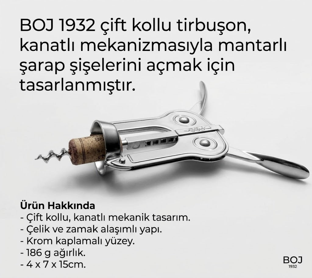 Boj 1932 çift kollu krom tirbuşonun mantar takılı ve kolları açık görünümünü, ürün özellikleriyle birlikte gösteren tanıtım görseli.