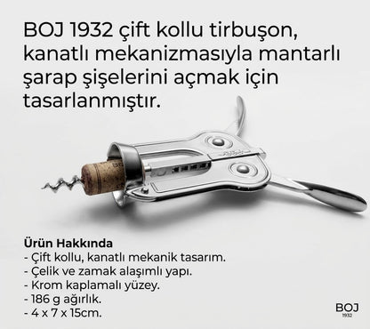 Boj 1932 çift kollu krom tirbuşonun mantar takılı ve kolları açık görünümünü, ürün özellikleriyle birlikte gösteren tanıtım görseli.