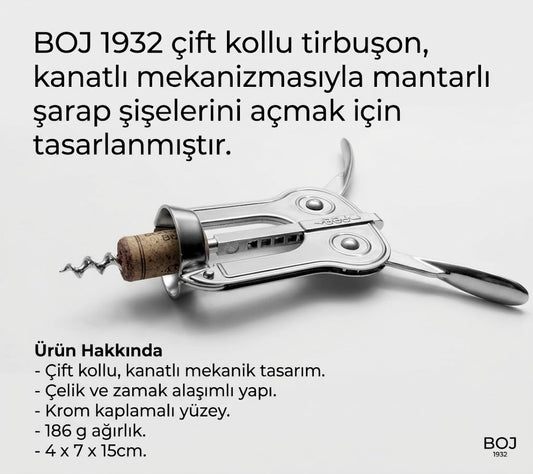Boj 1932 çift kollu krom tirbuşonun mantar takılı ve kolları açık görünümünü, ürün özellikleriyle birlikte gösteren tanıtım görseli.