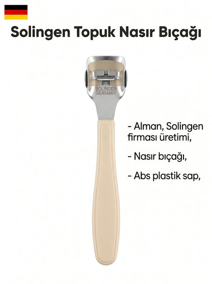 Solingen topuk nasır bıçağı, bej ABS sapı ve metal kesici başlığıyla ürün özelliklerini gösteren tanıtım görseli.