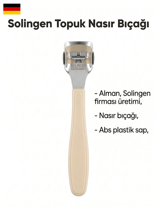 Solingen topuk nasır bıçağı, bej ABS sapı ve metal kesici başlığıyla ürün özelliklerini gösteren tanıtım görseli.
