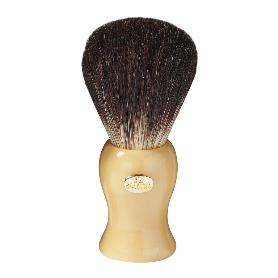 Omega 6221 porsuk kılı sakal tıraş fırçası, krem mermer desenli saplı, 11,8 cm.